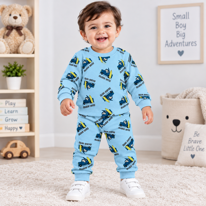 Cucumber boys sky blue fleece cord set with printed full sleeve top and matching pajama for winter | cutypi