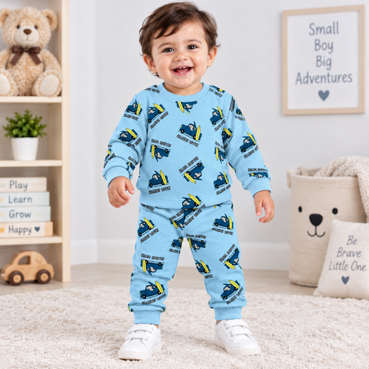 Cucumber boys sky blue fleece cord set with printed full sleeve top and matching pajama for winter | cutypi