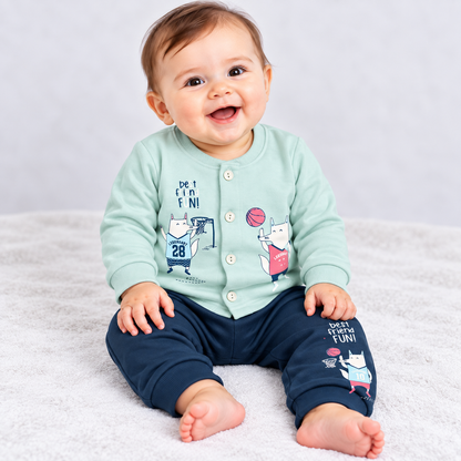 Cucumber baby boys sky blue cotton top and pants set with sailor bear and boat print