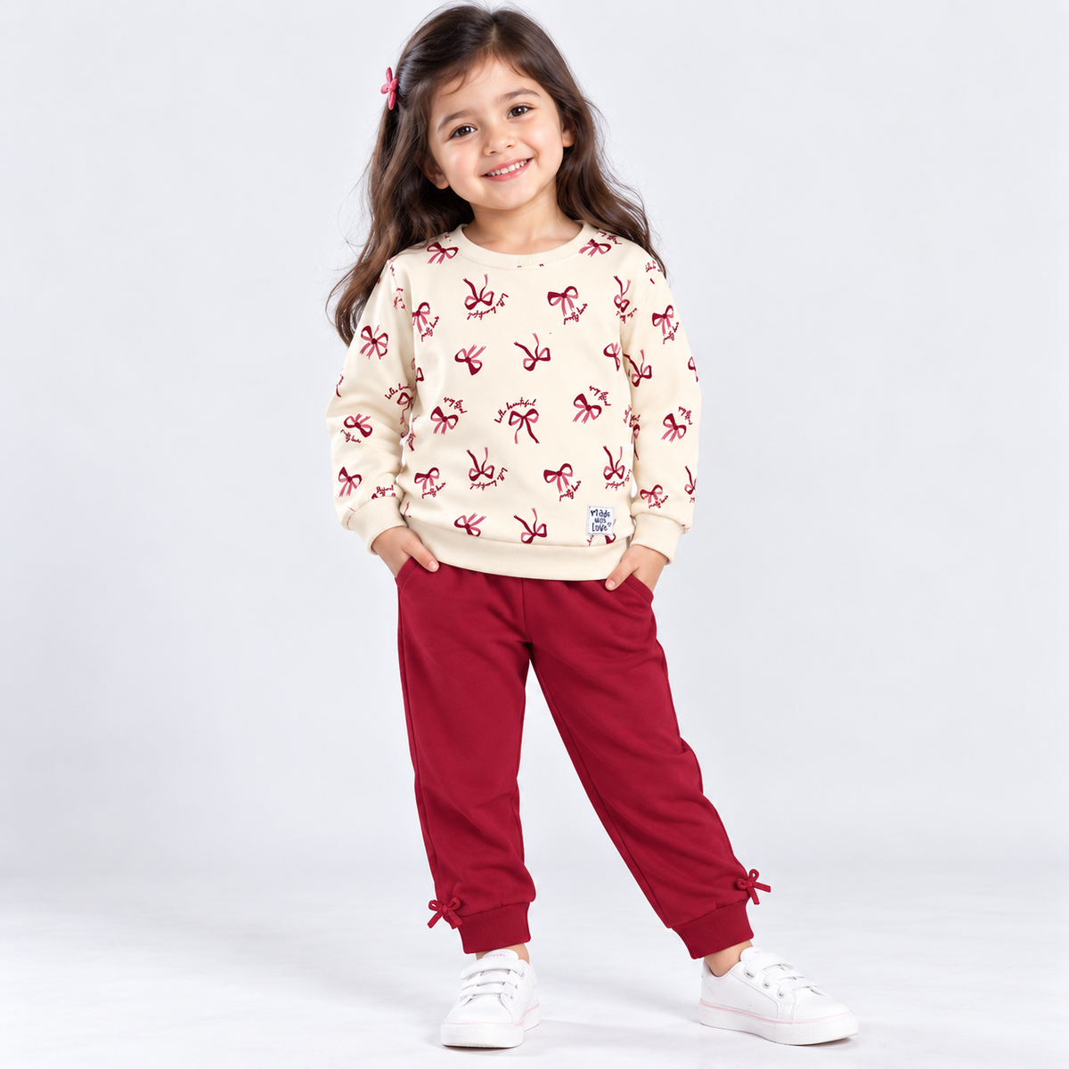 Cucumber girls cream winter sweatshirt and maroon pants set with bow print