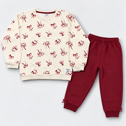Cucumber Girls Cream Printed Fleece Sweatshirt & Maroon Pants Set