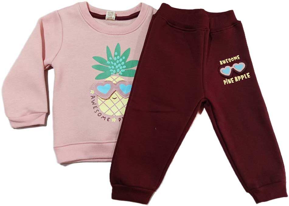 Pineaple Printed Fleece Full Length Winter Wear Suit - Pink