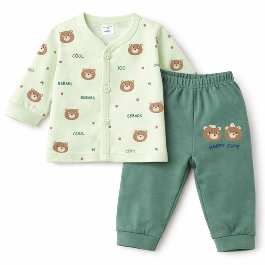 Baby Bear Printed Cotton T-Shirt with Pant Set – Light Green & Dark Green