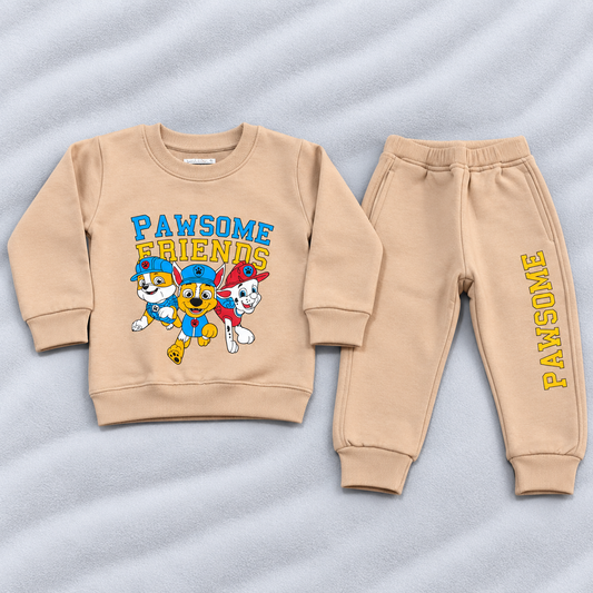 Little Blooms Kids Beige Fleece Sweatshirt & Jogger Set | Winter Wear Co-Ord Suit