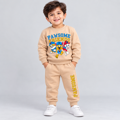 Little Blooms kids beige fleece sweatshirt and jogger set with Pawsome Friends character print for winter