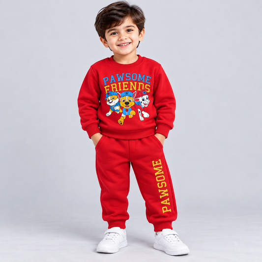 Little Blooms kids red fleece sweatshirt and jogger set with Pawsome Friends character print for winter