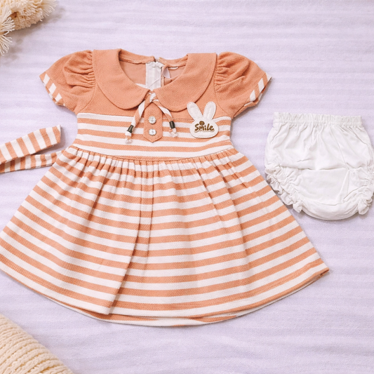 Honey Bee Baby Girl Cotton A-line Dress Set Striped Peach Dress with Bloomers Cute Infant Outfit - Cutypi