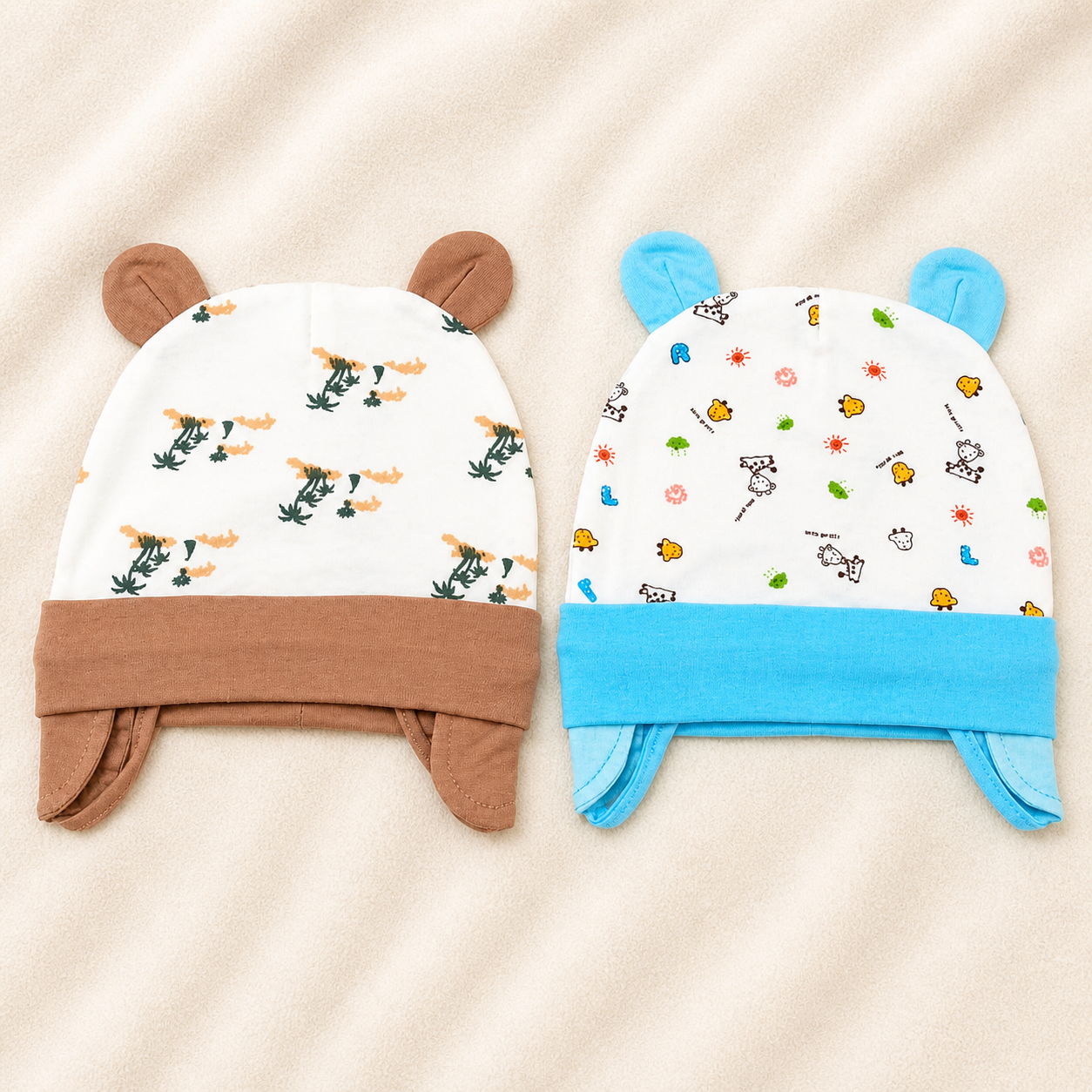 Newborn Baby Cotton Ear Design Cap Set Brown & Blue Printed Infant Caps Soft & Comfortable (Pack of 2)- Cutypi