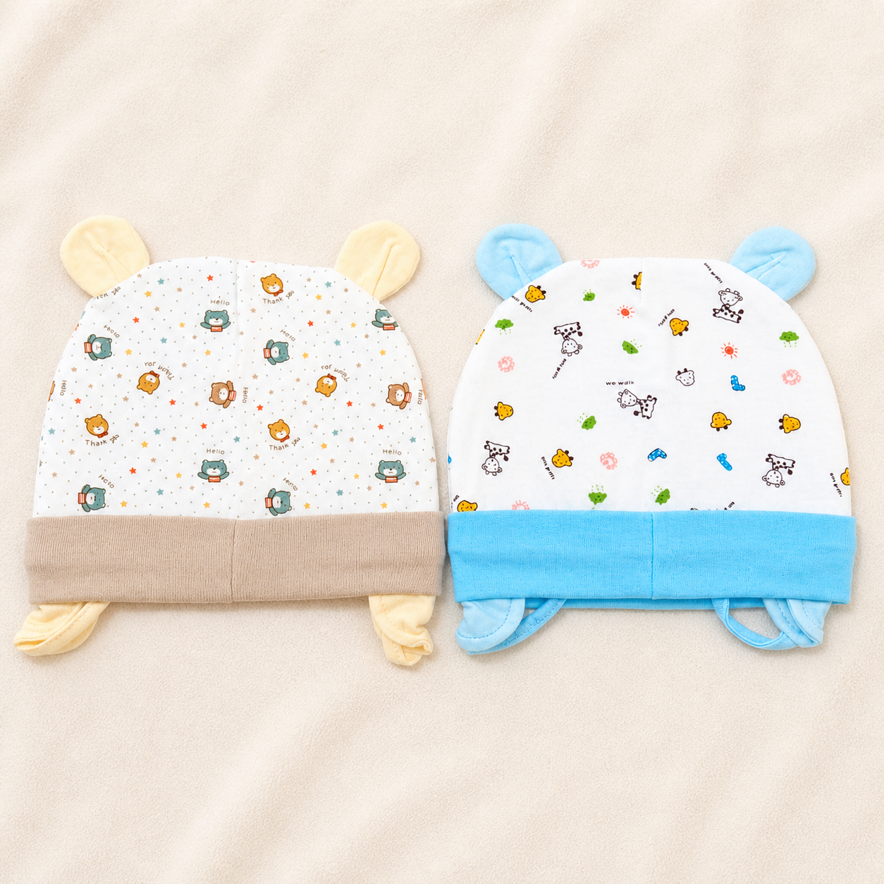 Newborn Baby Cotton Ear Design Cap Set Cream & Blue Printed Infant Caps Soft & Comfortable (Pack of 2)- Cutypi