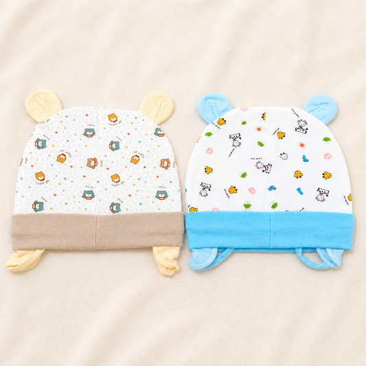 Newborn Baby Cotton Ear Design Cap Set Cream & Blue Printed Infant Caps Soft & Comfortable (Pack of 2)- Cutypi