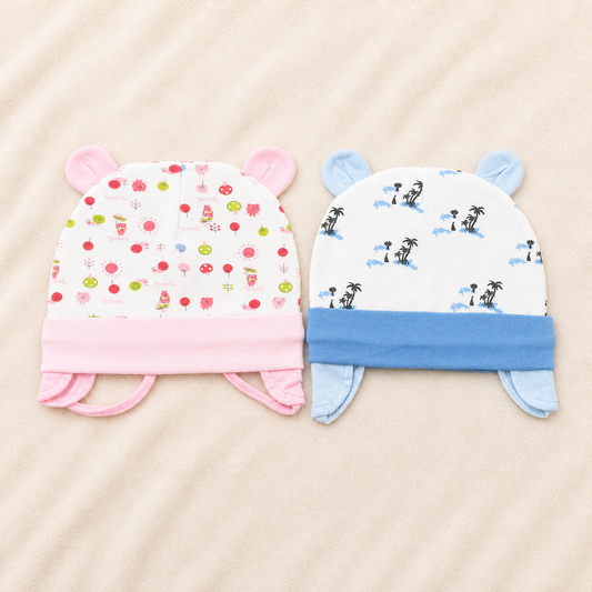 Newborn Baby Cotton Ear Design Cap Set Pink & Blue Printed Infant Caps Soft & Comfortable (Pack of 2) (Copy) (Copy)- Cutypi