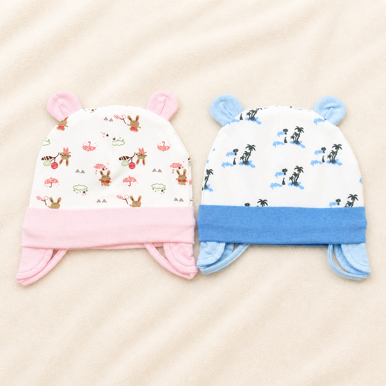Newborn Baby Cotton Ear Design Cap Set Pink & Blue Printed Infant Caps Soft & Comfortable (Pack of 2)- Cutypi