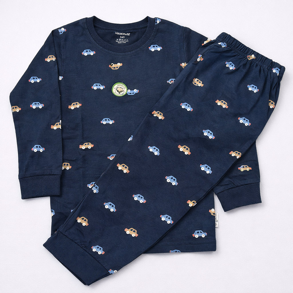 Hazelnut Kids Car Print Navy Blue Sweatshirt & Jogger Set  - Cutypi