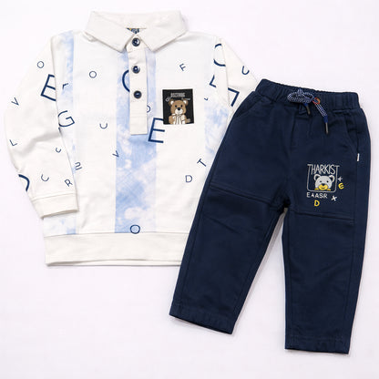 Guffi Kids White Printed Collar Sweatshirt & Navy Pants Kids Set  - Cutypi