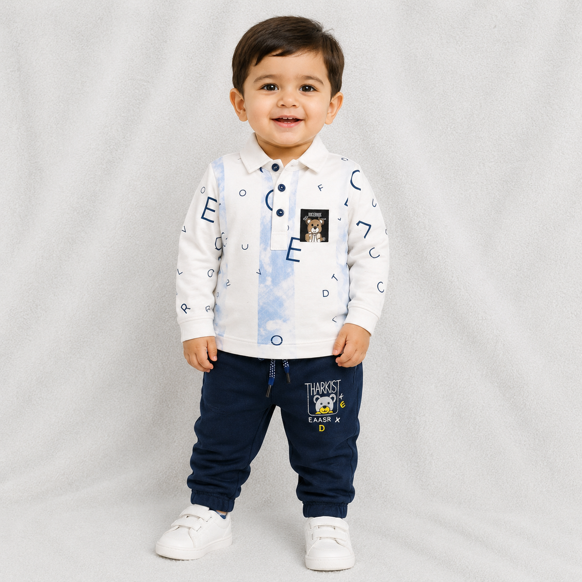 White Printed Collar Sweatshirt & Navy Pants Kids Set