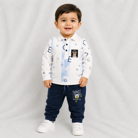 White Printed Collar Sweatshirt & Navy Pants Kids Set