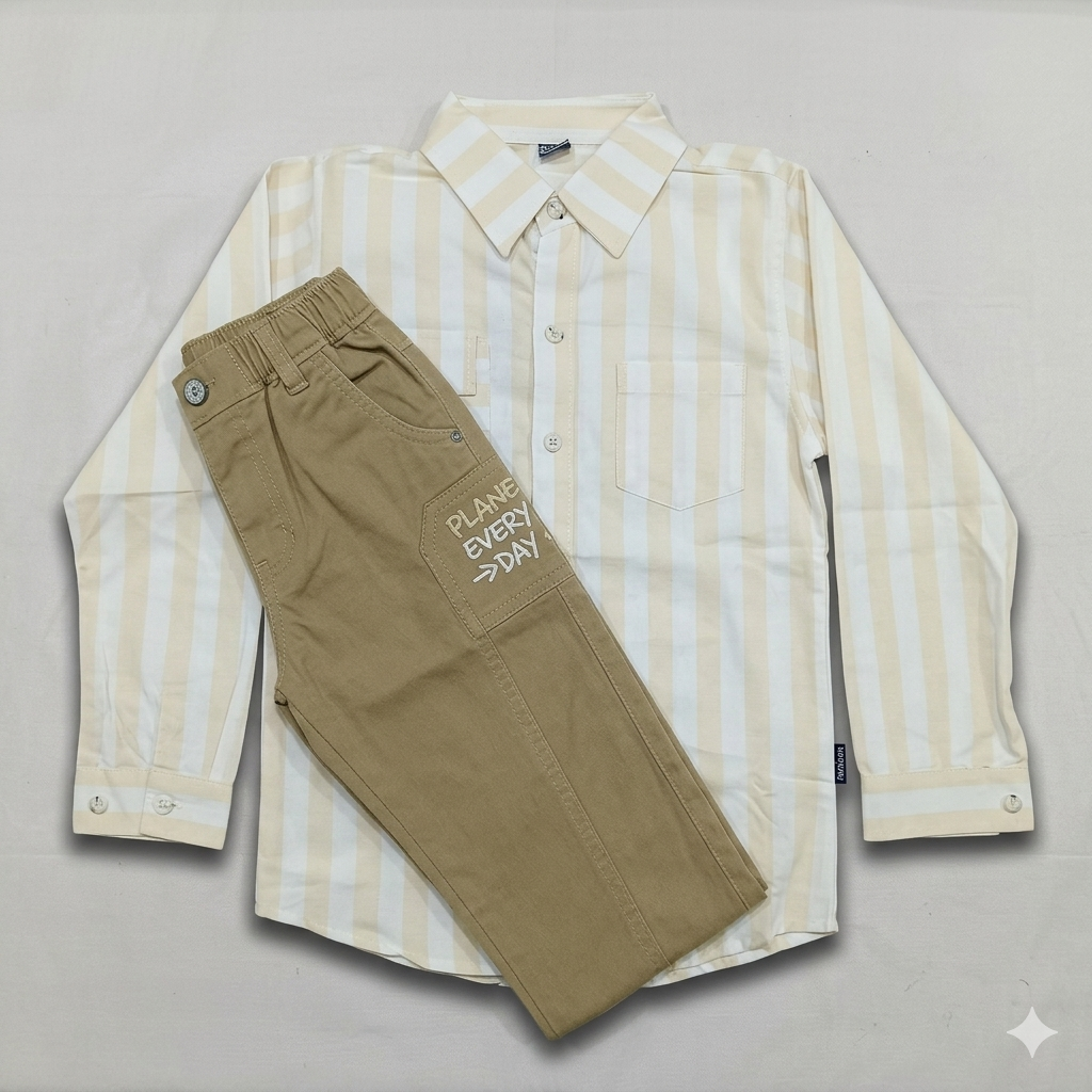 Junior Boss Kids Boys Striped Shirt and Beige Pants Set Smart Casual Outfit for Kids  - Cutypi