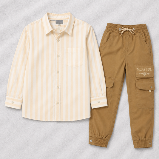 Kids Boys Striped Shirt and Beige Pants Set Smart Casual Outfit for Kids