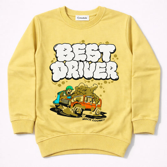 Best Driver Graphic Kids Sweatshirt Yellow Cotton Blend Crewneck