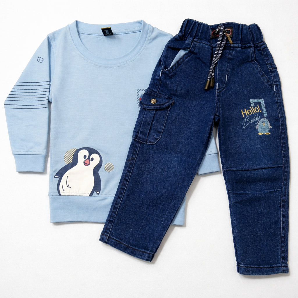 Guffi Kids Blue Penguin Sweatshirt & Denim Cargo Jeans Kids Co-Ord Set  - Cutypi