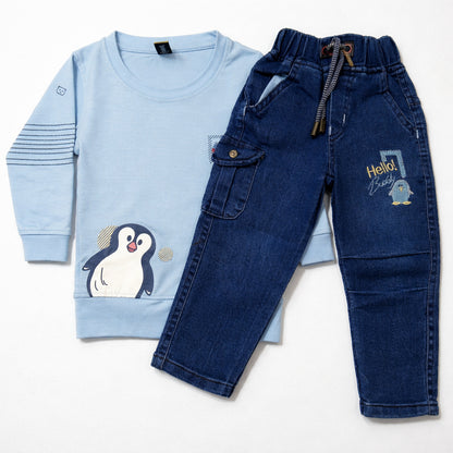 Guffi Kids Blue Penguin Sweatshirt & Denim Cargo Jeans Kids Co-Ord Set  - Cutypi