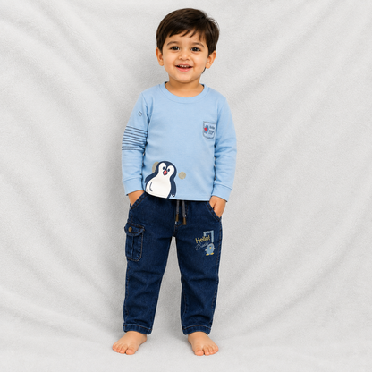 Blue Penguin Sweatshirt & Denim Cargo Jeans Kids Co-Ord Set