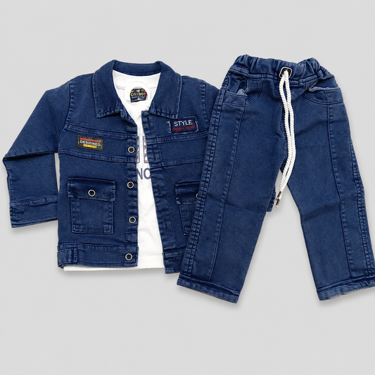Boys 3 Piece Denim Jacket T-Shirt & Jeans Set Blue | Kids Denim Co-ord Outfit | Cutypi