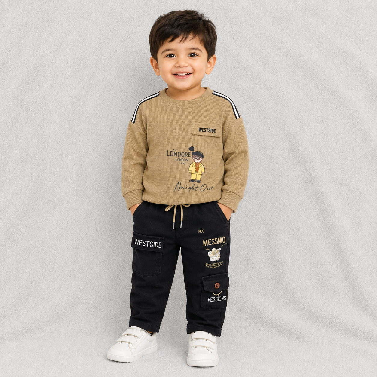 Kids Boys Olive Green T-Shirt and Black Cargo Pants Set Stylish Casual Outfit