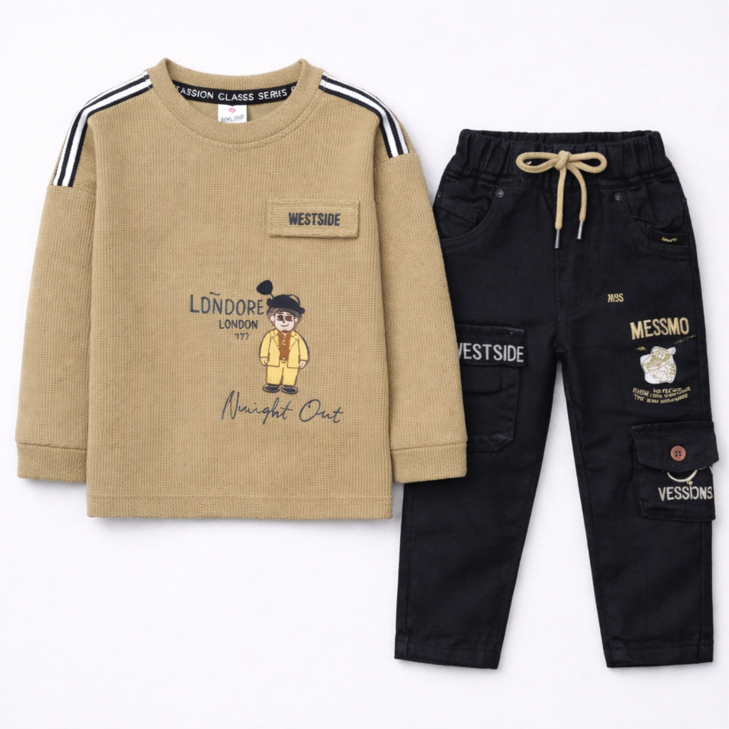 Kool Kids Boys Olive Green T-Shirt and Black Cargo Pants Set Stylish Casual Outfit  - Cutypi