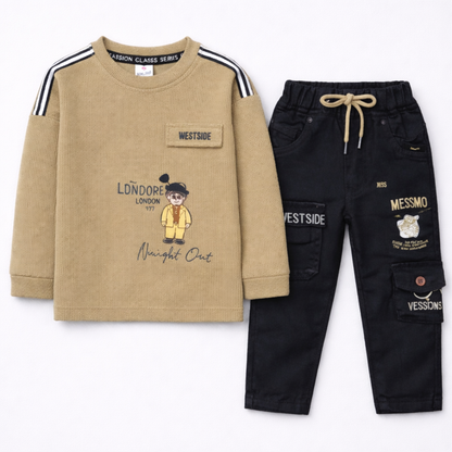 Kool Kids Boys Olive Green T-Shirt and Black Cargo Pants Set Stylish Casual Outfit  - Cutypi
