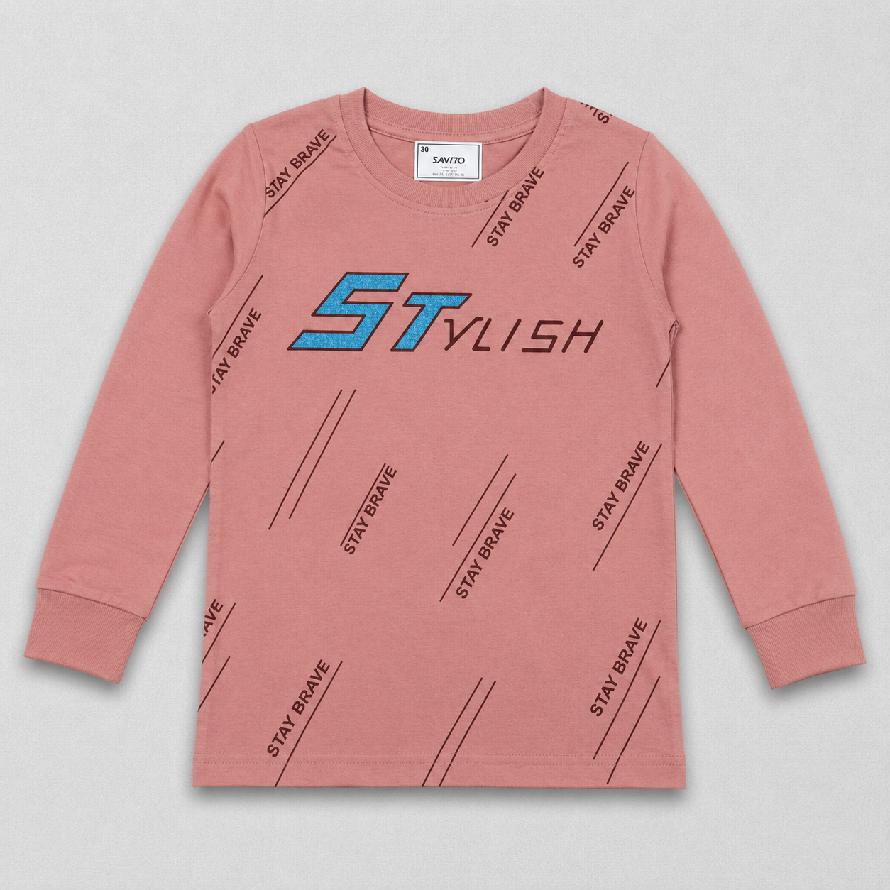 santro boys pink full sleeve printed t-shirt with Stay Brave graphic design