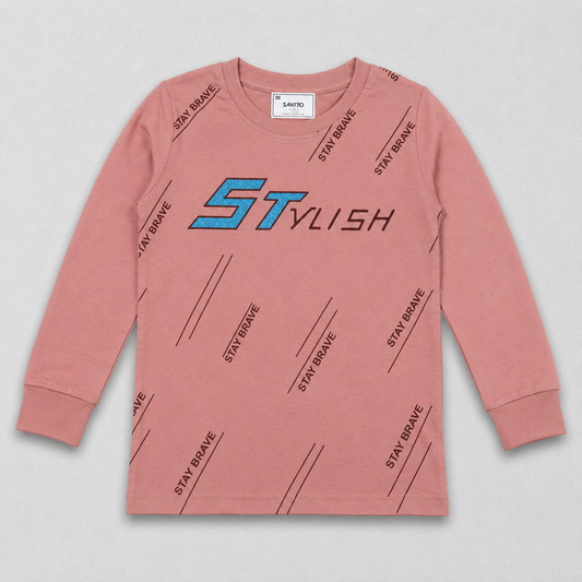 santro boys pink full sleeve printed t-shirt with Stay Brave graphic design