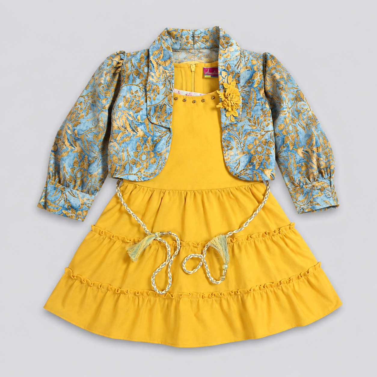 Girls Yellow Dress with Printed Jacket & Blue Leggings – Stylish 3-Piece Set