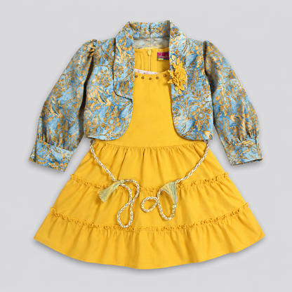 Girls Yellow Dress with Printed Jacket & Blue Leggings – Stylish 3-Piece Set