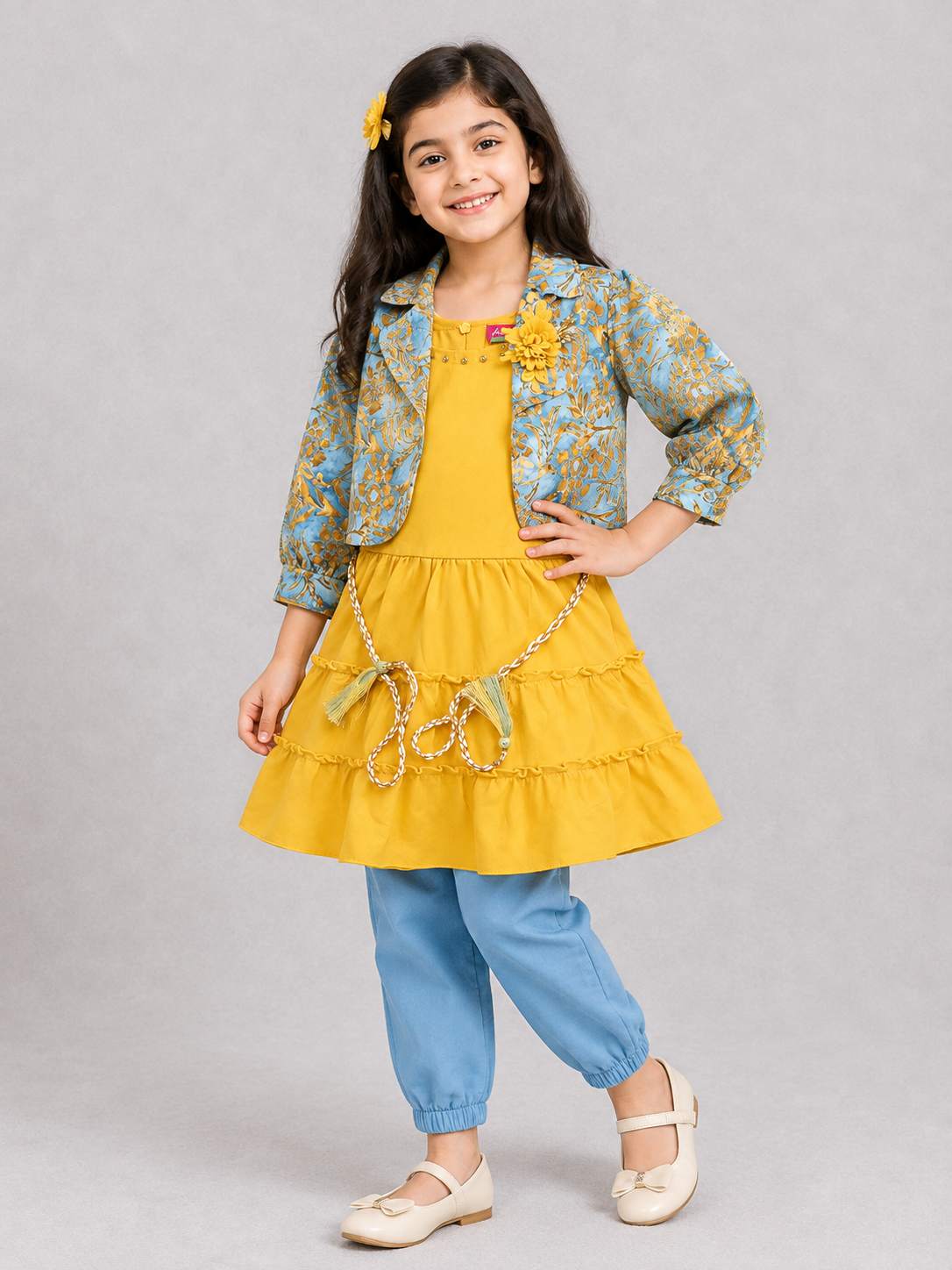Girls Yellow Dress with Printed Jacket & Blue Leggings – Stylish 3-Piece Set