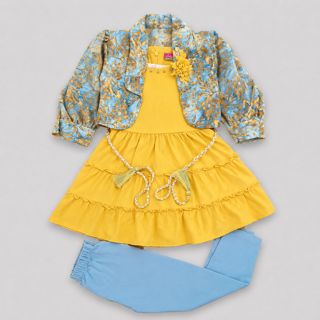 Girls Yellow Dress with Printed Jacket & Blue Leggings – Stylish 3-Piece Set
