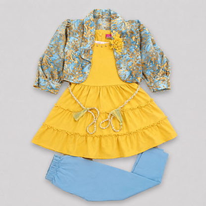 Girls Yellow Dress with Printed Jacket & Blue Leggings – Stylish 3-Piece Set