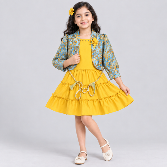 Auli Girls Yellow Dress with Blue Floral Printed Jacket and Matching Leggings 3 Piece Set for Kids | Cutypi
