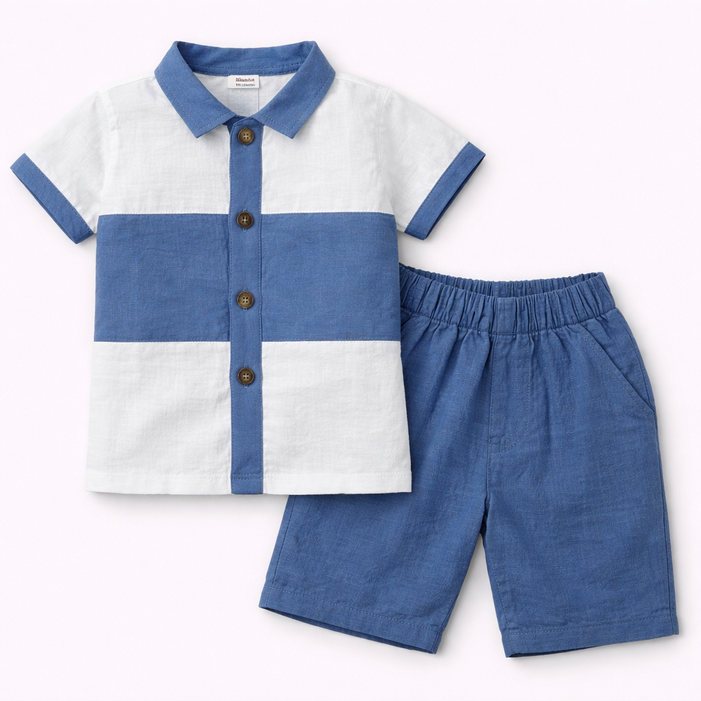Little Bunny Kids Blue & White Color Block Shirt & Shorts Set - Muslin Cotton  - Cutypi