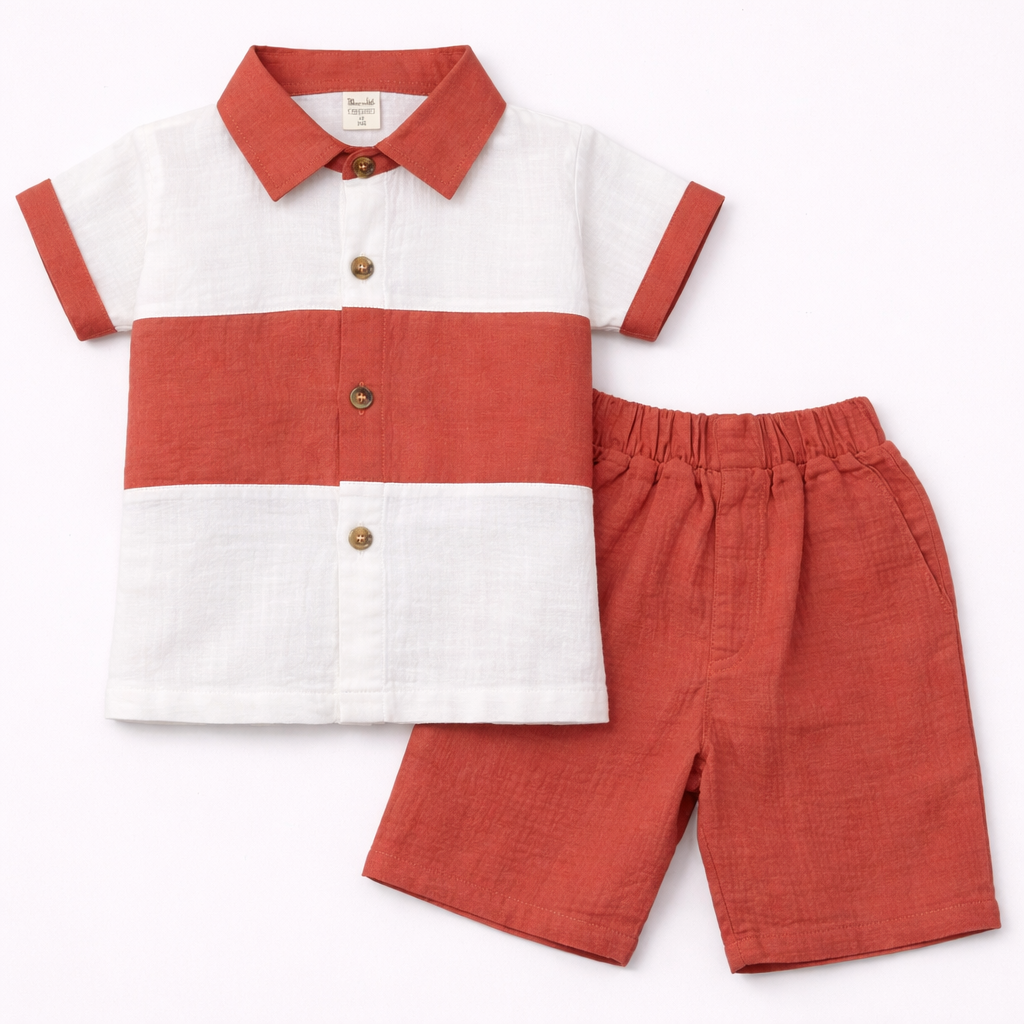 Little Bunny Kids Terracotta & White Color Block Shirt & Shorts Set - Muslin Cotton  - Cutypi