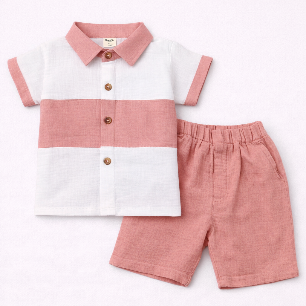 Little Bunny Kids Soft Pink & White Color Block Shirt & Shorts Set - Muslin Cotton  - Cutypi