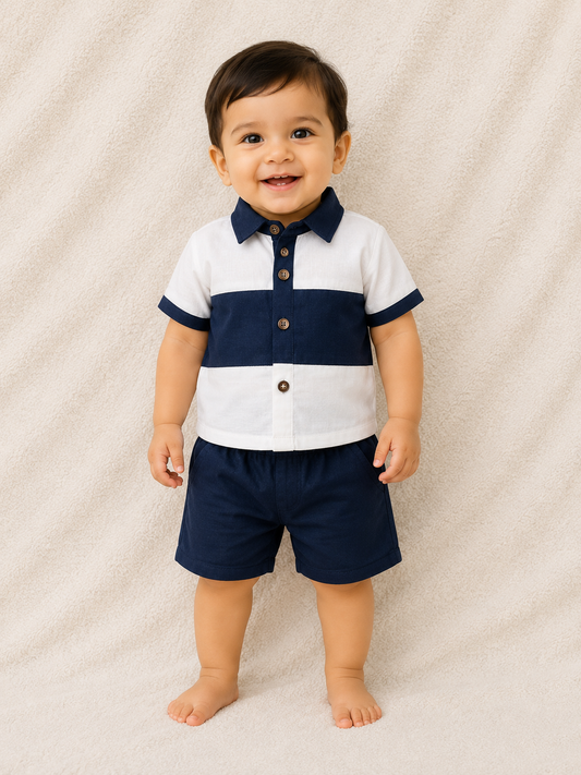 Kids Navy & White Color Block Shirt & Shorts Set - Muslin Cotton