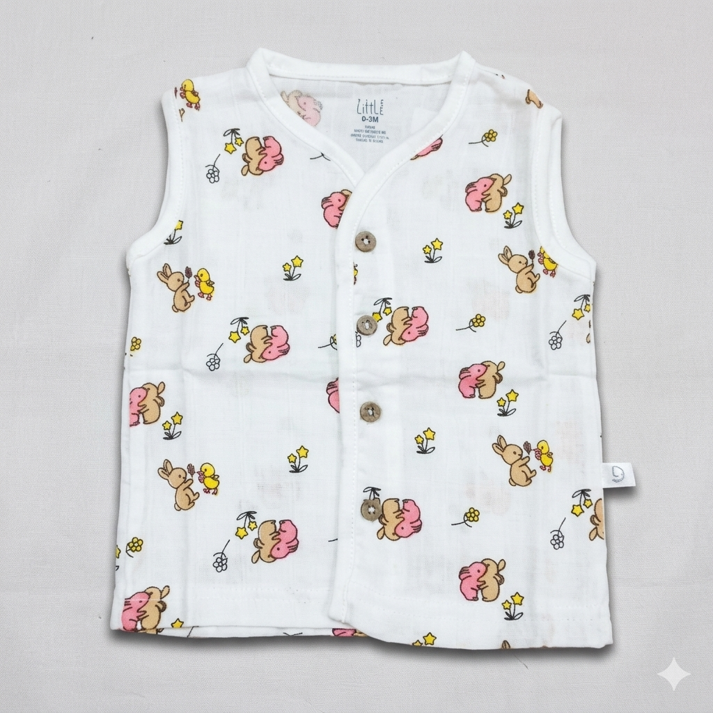 Dear Little Baby Sleeveless Muslin Cotton Top  cream Rabbit Print Button Front Shirt - Cutypi