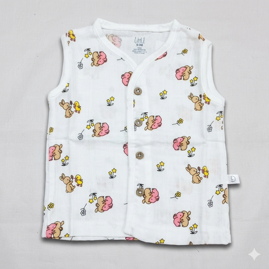 Dear Little Baby Sleeveless Muslin Cotton Top  cream Rabbit Print Button Front Shirt - Cutypi