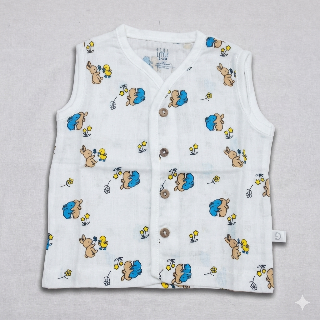 Dear Little Baby Sleeveless Muslin Cotton Top White Blue Teddy Print Button Front Shirt - Cutypi