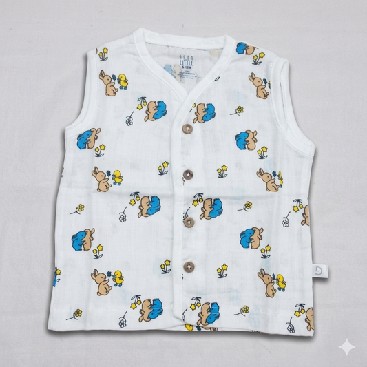 Dear Little Baby Sleeveless Muslin Cotton Top White Blue Teddy Print Button Front Shirt - Cutypi