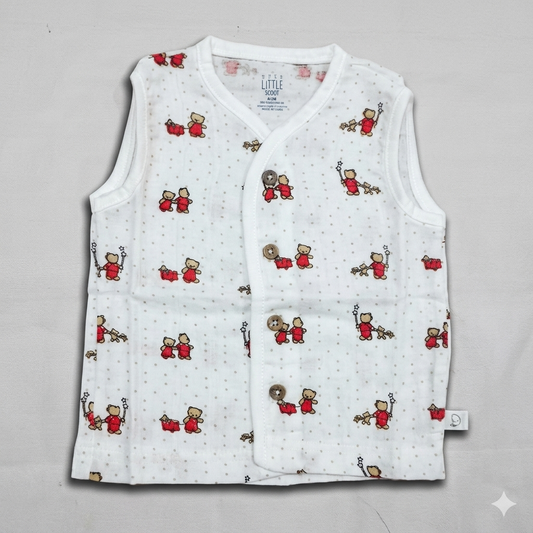 Dear Little Baby Sleeveless Muslin Cotton Top White Teddy Print Button Front Shirt - Cutypi