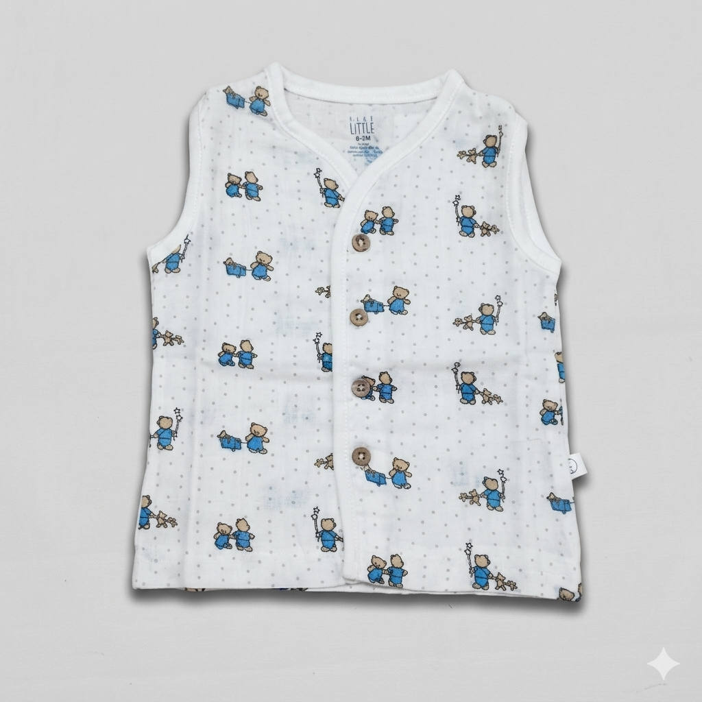 Dear Little Baby Sleeveless Muslin Cotton Top White Green Teddy Print Button Front Shirt - Cutypi