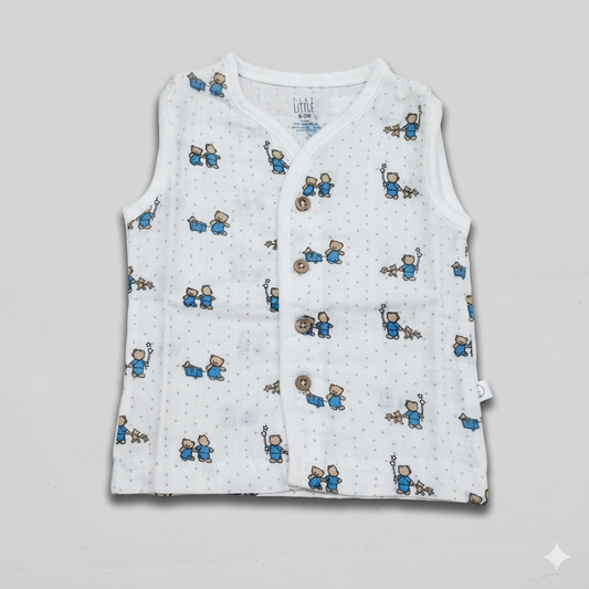 Dear Little Baby Sleeveless Muslin Cotton Top White Green Teddy Print Button Front Shirt - Cutypi