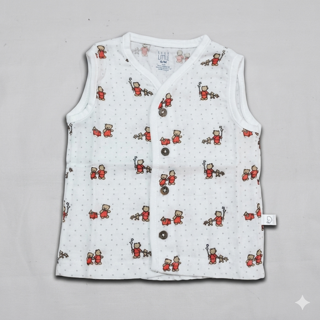 Dear Little Baby Sleeveless Muslin Cotton Top White Teddy Bear Print Button Front Shirt - Cutypi